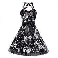 Vestido vintage atado cuello negro con flores blancas