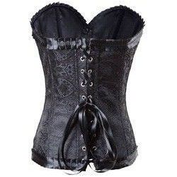 Corset en satén estampado negro, con ribeteado y lazo