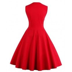 Vestido vintage rojo y blanco con estampado de lunares negro y botones de adorno