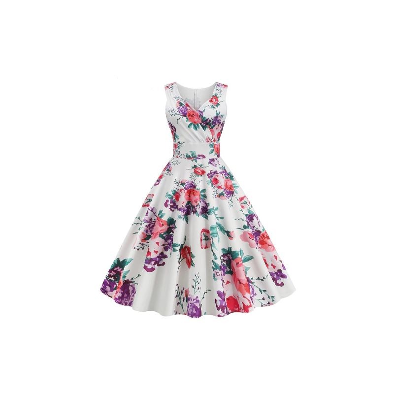 Vestido vintage blanco con estampado en flores rosas y moradas