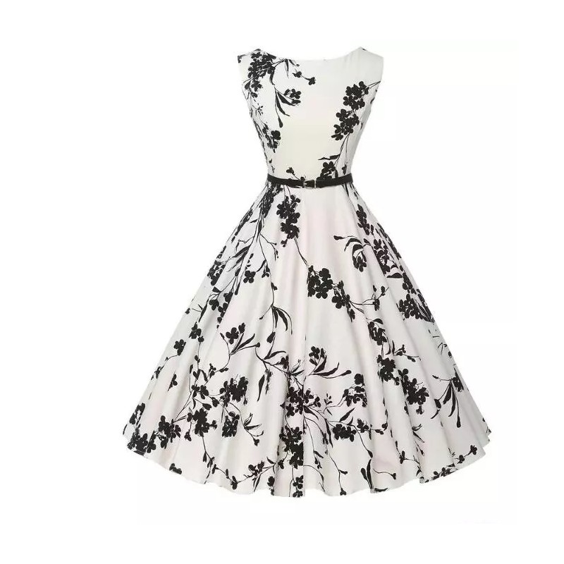 Vestido vintage blanco con flores negras