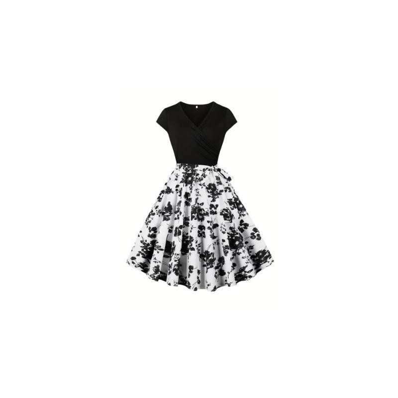 Vestido vintage con estampado floral en blancoy negro