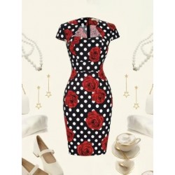 Vestido vintage ceñido con estampado de rosas y lunares