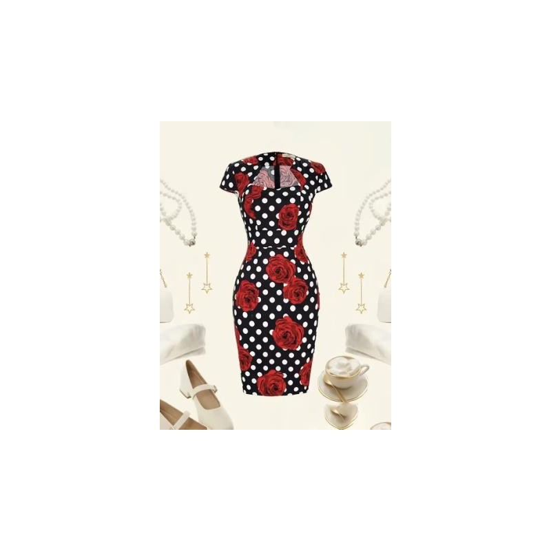 Vestido vintage ceñido con estampado de rosas y lunares
