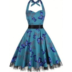 Vestido vintage azul verdoso con mariposas azules