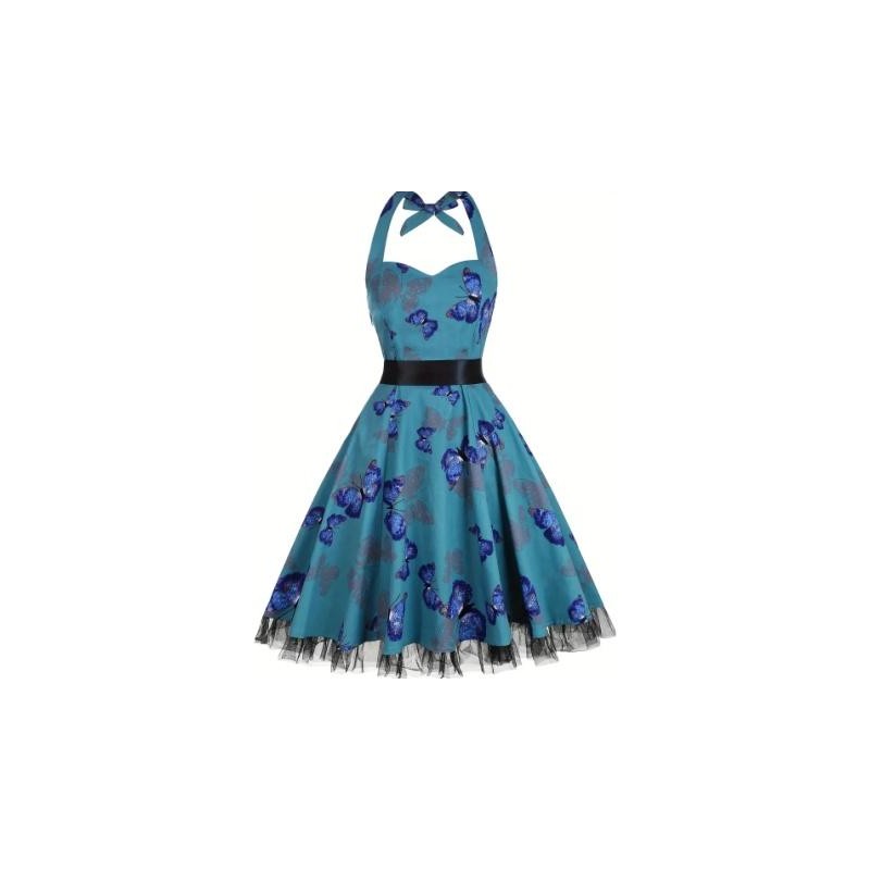 Vestido vintage azul verdoso con mariposas azules