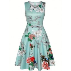 Vestido vintage aguamarina con estampado multicolor