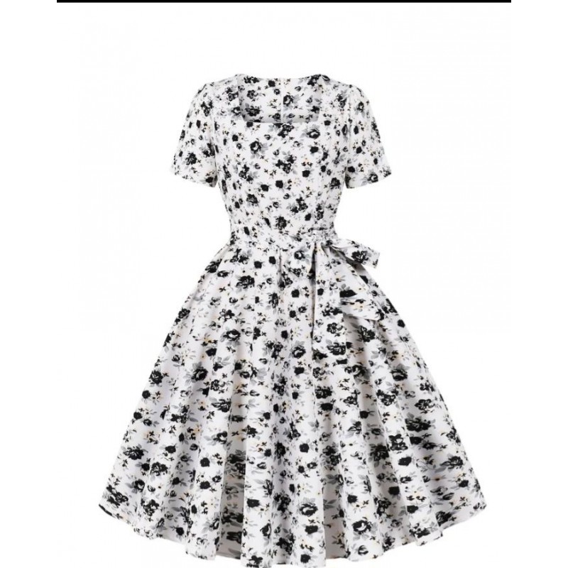 Vestido vintage blanco con florecillas negras