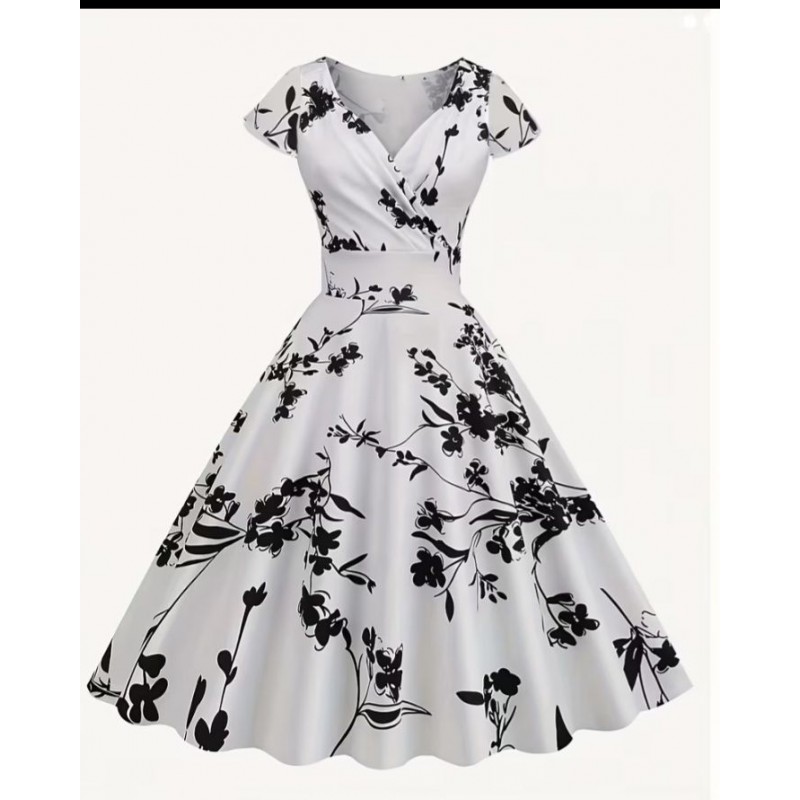 Vestido vintage blanco con estampado floral negro