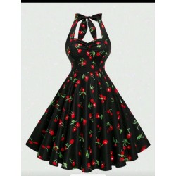 Vestido vintage cuello atado l cuello con estampado de cerezas
