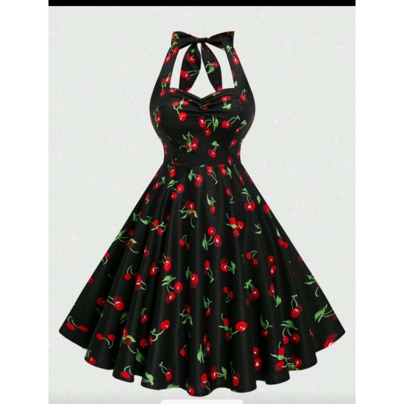 Vestido vintage cuello atado l cuello con estampado de cerezas