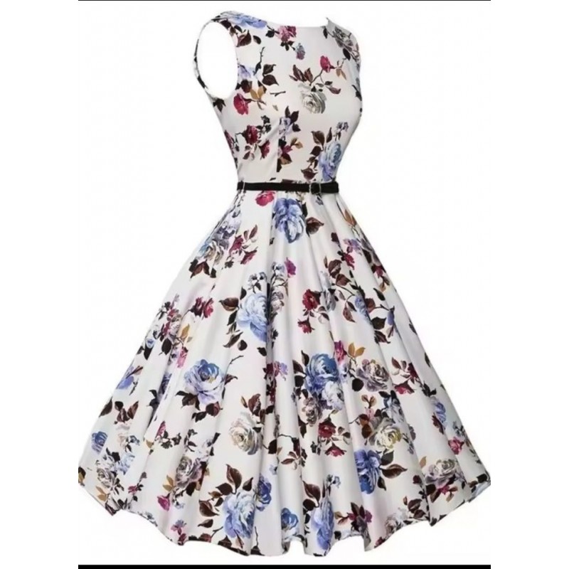 Vestido vintage blanco con estampado flores multicolor