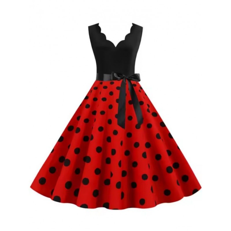 Vestido vintage combinado negro y rojo con lunares