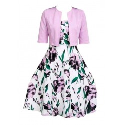 Vestido vintage blanco con flores malvas y hojas verdes con bolero