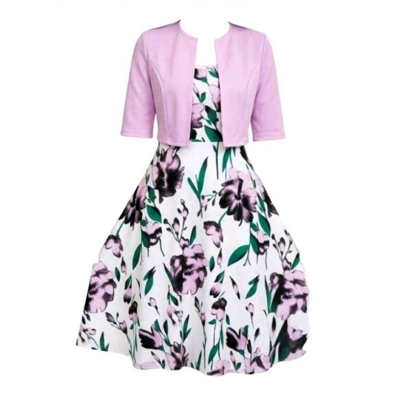 Vestido vintage blanco con flores malvas y hojas verdes con bolero