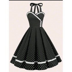 Vestido vintage atado cuello negro de lunares