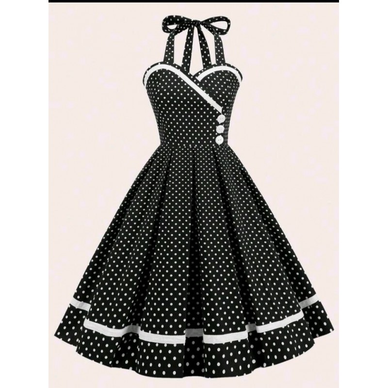 Vestido vintage atado cuello negro de lunares