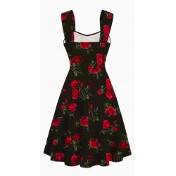 Vestido vintage negro con rosas rojas y hojas verdes