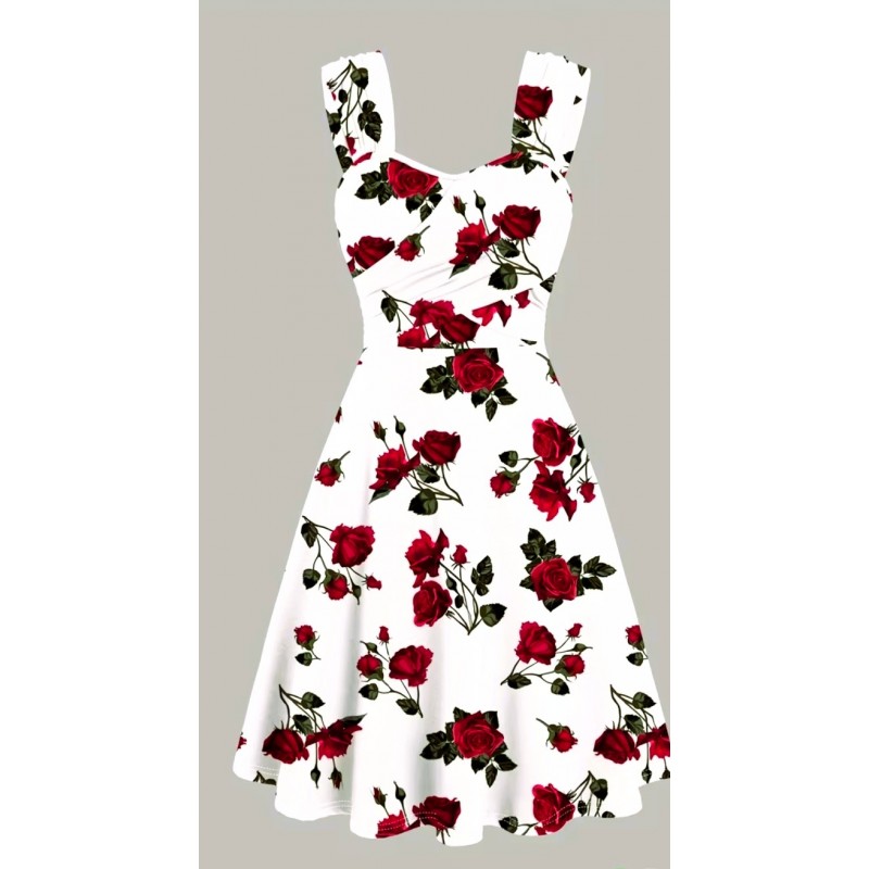 Vestido vintage blanco con rosas rojas y hojas verdes