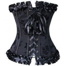 Satin corset with floral brocade and trimmed in black