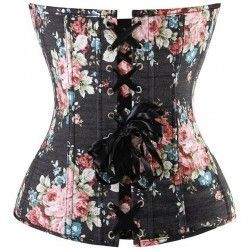 Corset denim negro con motivos florales y cremallera