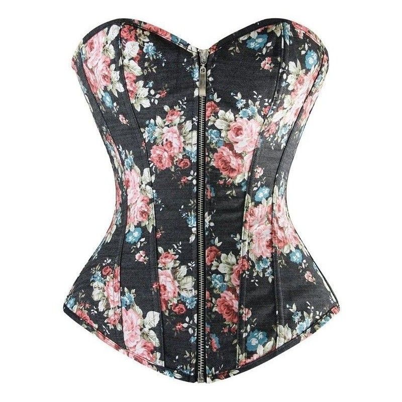 Corset denim negro con motivos florales y cremallera