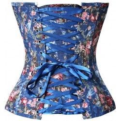 Blue denim corset with floral print and zipper