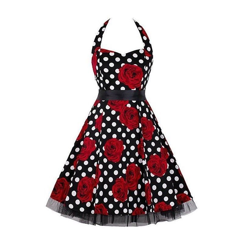 Vintage Sweetheart Neckline Halter Backless Polka Dot Flower Casual Swing Knee-length