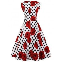 Vestido vintage blanco estampado de lunares y rosas