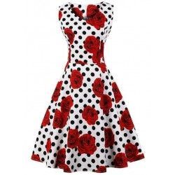 Vestido vintage blanco estampado de lunares y rosas