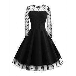 Vestido vintage negro de manga larga con malla transparente con lunares