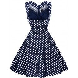Vestido vintage sin mangas azul con estampado de lunares blancos
