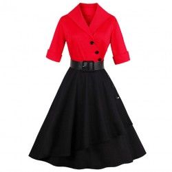 Vestido de estilo vintage rojo y negro con cuello, mangas y un cinturón negro ancho