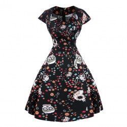 Black vintage dress with unique flowers skull spot print pattern