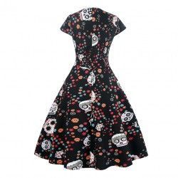 Black vintage dress with unique flowers skull spot print pattern
