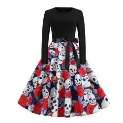 Vestido vintage de manga larga con estampado de calaveras y rosas