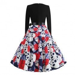 Fashion ghost flower printed long dleeve high waist vintage dress