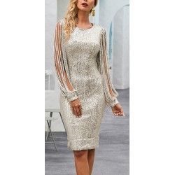Vestido ajustado de noche con borlas y lentejuelas plateadas