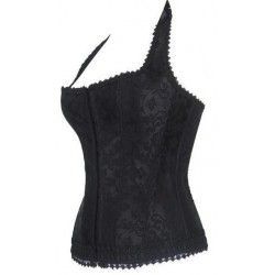 Corset en satén negro con dibujo y anudado al cuello