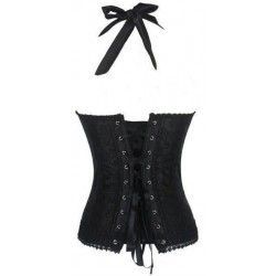 Corset en satén negro con dibujo y anudado al cuello