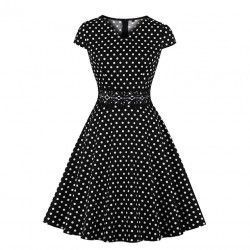 Vestido vintage negro con lunares blancos, cuello de pico y manga corta
