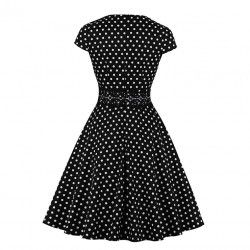 Vestido vintage negro con lunares blancos, cuello de pico y manga corta
