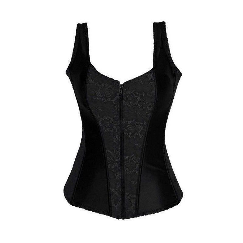 Corset con tirantes en satén negro con brocado floral